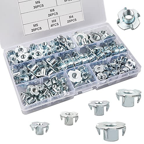 110 Stk Vier-Prong T-Nüsse Kits, Einschlagmuttern mit 4 Einschlagspitzen Verzinkte Gewinde T-Nüsse Sortiment, für Holz, Möbelherstellung, Kletterwand(M4/M5/M6/M8/M10)