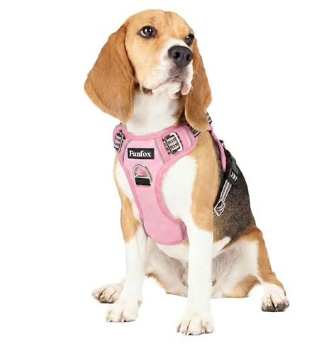 Funfox Dog Harness Medium No Pull, Adjustable 2 Clips Anti-Pull Vest with Practical Handle, Breathable Padded Pet Harness Designed for Small/Large Breeds, Reflective Training Walking Pink M