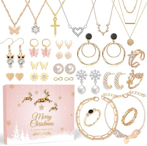 Adventskalender Schmuck 2024 Frauen Weihnachtskalender - Adventskalender Schmuck Rosegold Mode Teenager Mädchen Damen mit Halskette Armband Ringe Ohrringe 24 Überraschungen Geschenke