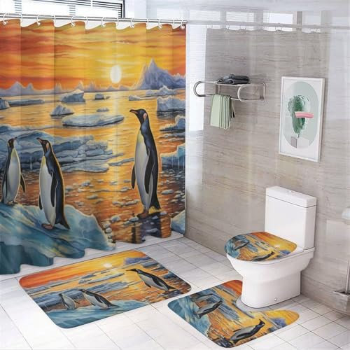 Duschvorhang-Set mit abstraktem Sonnenuntergang und Pinguin, niedliche Tiere, Eisberge, Sonne, Retro-Badezimmer-Dekor, wasserdicht, Duschvorhang-Sets mit Teppichen (Badematte, U-Form und