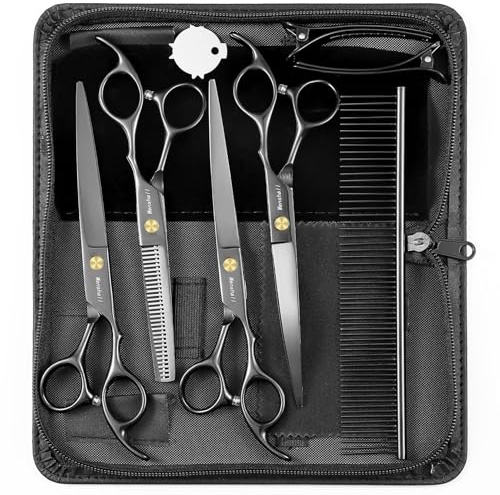 Wenshall 7,0 Zoll Hundepflege Schere Set Hund gerade Schere & Ausdünnungsschere & Gebogene & chunker & Comb 5Stk Set