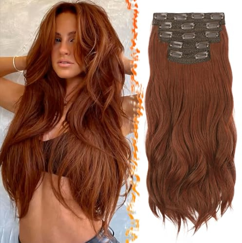 BARSDAR Medium Auburn Clip in Hair Extensions - 20 Inch Loose Wavy Clip in Hair Extensions for Women, 5 PCS Thick Layered Lace Weft Voluminous Easy Wear Soft Synthetic Auburn Hairpieces
