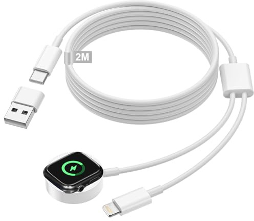 2 in 1 Ladekabel für Apple Watch, 2M iWatch Ladekabel USB C Ladegerät Apple Watch Kabel Ladestation mit Kabel Lightning für iWatch Series 10 9 8 7 6 5 4 3 2 SE Ultra, iPhone 14 13 12 11 XS