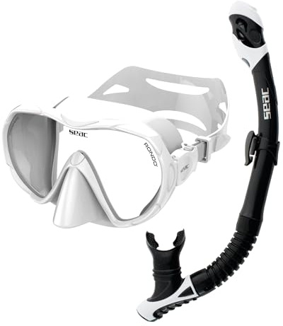 SEAC Set Bis Rondò Dry - Schnorchelset für Erwachsene mit rahmenloser Einzellinsenmaske aus gehärtetem Glas und Dry Top Schnorchel mit Ausblasventil und ergonomischem Silikonmundstück