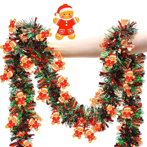 LATERN 10M Guirnalda Navideña de Oropel con Hombre de Jengibre, Rojo Verde Espumillón Metálico Guirnalda Gruesa Brillante para Árbol de Navidad Invierno Boda Cumpleaños Día Festivo Fiesta Decoración