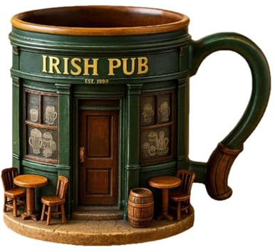 Pub Form Kaffeebecher, 300 ml, 3D-Harz-Teetasse, isolierter Becher mit Innenfutter, Irish Pub 3D-Relief-Design