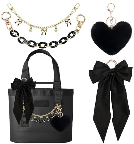 CuddleJunk Bag Charms for Tote Bags, Satin Bow Keychain Kit Accessories for Yeti Camino Bogg Bag, Fluffy Ball Gold Chains Charms for Beach Bag (Black)