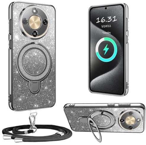 XCYYOO Funda para teléfono móvil Honor Magic 8 Lite con correa, [con cadena para teléfono móvil extraíble] de silicona transparente a prueba de golpes, anillo de soporte con cadena para Honor Magic 8