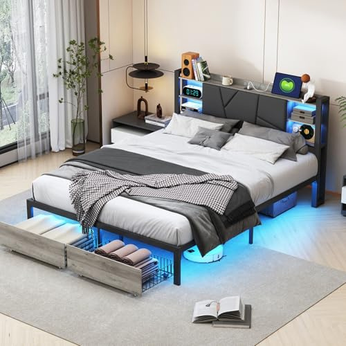 Förvaringssäng 140 x 200 cm med 4 lådor, dubbelsäng med LED-sänggavel och lastpelare, funktionell säng, förvaringssängar med ribbotten, ungdomssäng, sängram, sammet, vitrosa (svart, 160 x 200 cm)