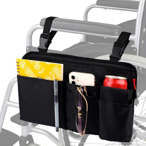 Riyitauto Wheelchair Side Bag with Cup Holder, Wheelchair Armrest Pouch Accessories for Walker, Rollator, Wheelchair, Electric Scooter Wheelchairs, Adults, Seniors Ideal Gift-Black