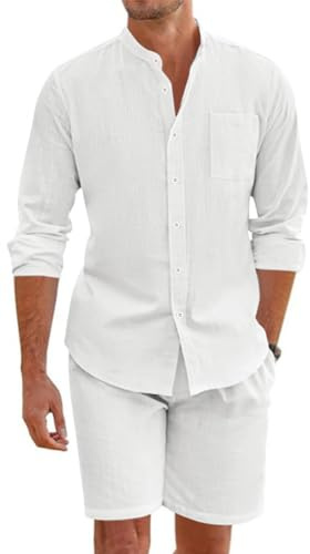 OLIPHEE Chándal Hombre Conjunto Lino Hombre 2 piezas Camisa Lino con Botones y Pantalones Cortos Verano Conjunto de Chándal Hombres Casual Deportivo Playa Vacacione Verano Blanco L