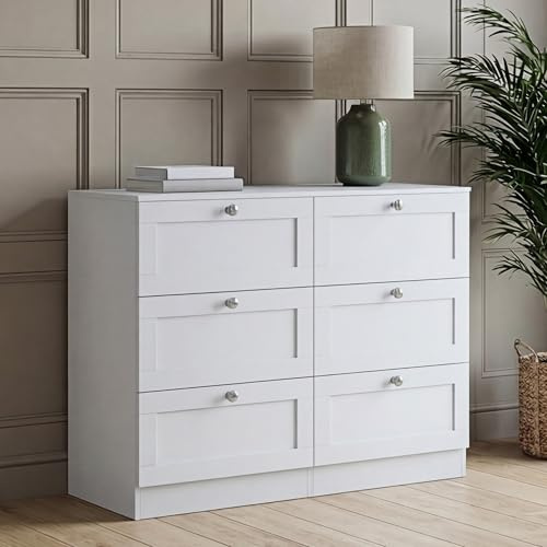 Vida Designs Altino 6 Drawer Chest of Drawers | White | H 76.5 x W 100 x D 36 cm | Wide Bedroom Storage Unit | Easy Assembly | Clothes Storage Cabinet | Modern Shaker Style Hallway or Guest Room