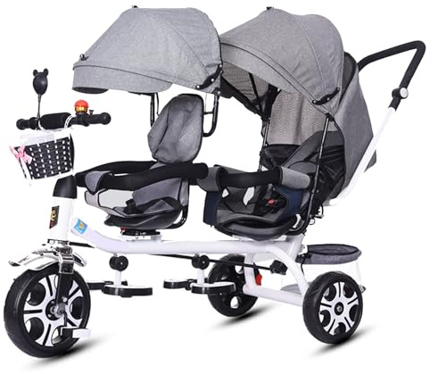 Triciclo pieghevole per bambini, doppio veicolo a pedale, passeggino gemellare, passeggino con tettuccio parasole con protezione UV, sedile regolabile, cintura di sicurezza a 5 punti, parchi viaggi