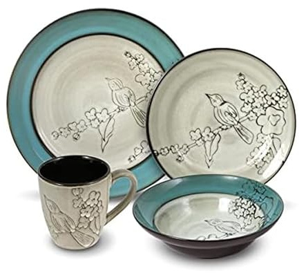 Gourmet Basics by Mikasa Song Bird Dinnerware Set, 16 Piece, Green, Gray