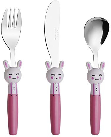EXZACT Kinderbesteck 3 teiliges aus rostfreiem stahl/spülmaschinengeeignet Kinderbesteckset - 1 x Gabeln, 1 x Menuemesser, 1 x Abendessen Löffel (Kaninchen x 3)