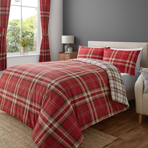 Catherine Lansfield Kelso Check Reversible King Duvet Cover Set with Pillowcases Red