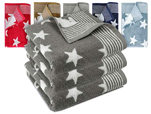 Dyckhoff Frottierserie aus dem Hause 3er-Pack Handtücher oder EIN Duschtuch - Elegantes Streifendesign kombiniert mit Sternen - geprüfte Qualität, 3er Pack Handtücher [50 x 100 cm], grau