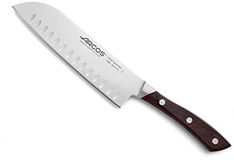 Arcos Cuchillo Santoku Forjado con Hoja Acero Inoxidable 180 mm. Cuchillo cocina profesional. Mango ergonómico polioximetileno POM y madera palisandro. Serie Natura.