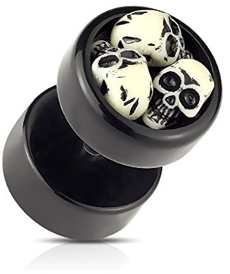 BlackAmazement Faux plug d'oreille unisexe tête de mort Skull acier inoxydable 316L Piercing Oreille 3D