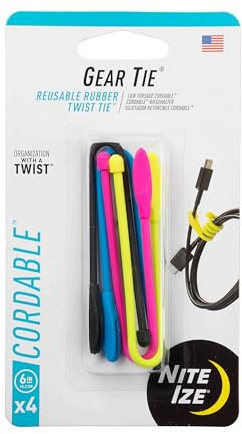 Nite Ize Gear Tie Cordable, The Orginal Reusable Rubber Twist Tie with Stretch-Loop For Cord Management + Storage, 6-Inch, Assorted Colors, 4 Pack, Made in the USA