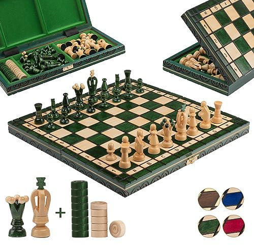 Great Kingdom Schach Spiel und Dame Spiel | Master of Chess Farbe Grün | Chess Set 35cm | Qualität Reise Schachspiel- Handgemachtes Tragbares Schach für Kinder und Erwachsene