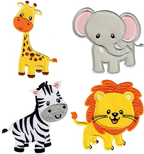 PatchMommy Patch Aufnäher Applikation Bügelbild, 4tlg. Set Elefant, Löwe, Giraffe und Zebra