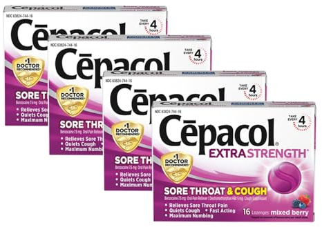Cepacol Extra Strength Sore Throat & Cough Relief Lozenges, 16 Count, Mixed Berry Flavor, Maximum Numbing, Fast Acting Relieves Sore Throat Pain, and Quiets Cough (Pack of 4)