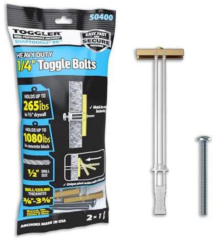 TOGGLER SNAPTOGGLE BB Toggle Anchor with Bolts, Zinc-Plated Steel Channel, Made in US, 3/8 to 3-5/8 Grip Range, for 1/4-20 UNC Fastener Size (Pack of 2)