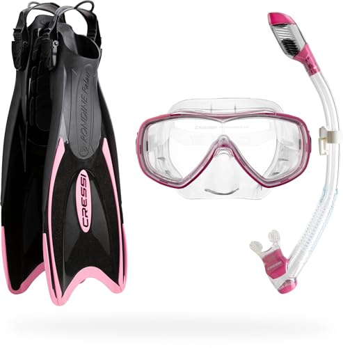 Cressi Palau Snorkeling Set - Pink, M/L | US Man 8.5/11 | US Lady 9.5/12 - Tempered Glass Snorkel Mask - Dry Swim Gear for Adults - Adjustable Diving Fins