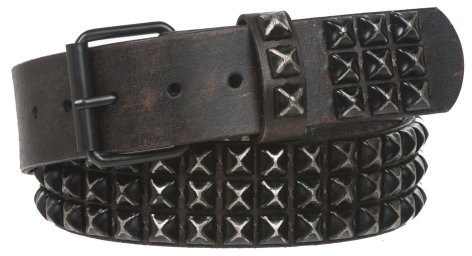 Snap On 1 3/4 Three Row Punk Rock Star Distressed Black Studded Leather Belt, 34