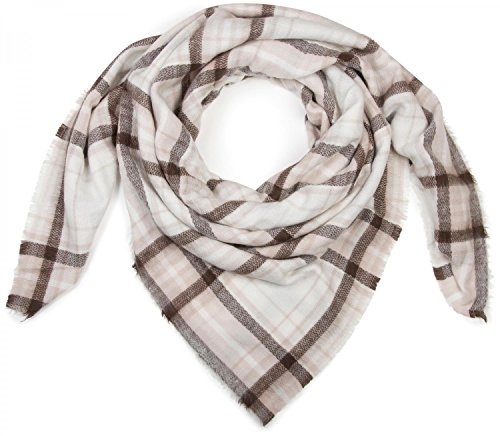 styleBREAKER Écharpe carrée XXL, grand plaid avec motif tartan écossais à carreaux et franges, unisexe 01018137, couleur:Blanc-rose-marron foncé