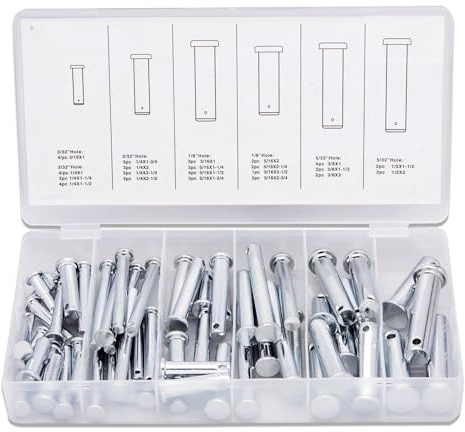 NEIKO 50414A 60 Piece Clevis Pins Assortment Kit, Zinc Construction 3/32”,1/8”, and 5/32” Hole Sizes, 3 Different SAE Sizes, Steel Pin, Single Hole Flat Head Clevis Pins