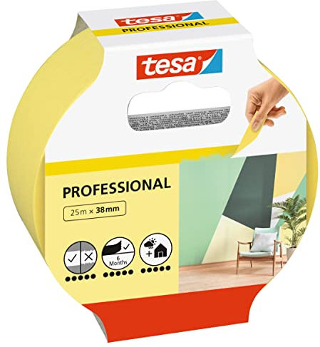 tesa Cinta de Pintar Profesional - Cinta de Carrocero de Papel tipo Washi Fino - Trabajos de Pintura y Enmascarado de Precisión - Para Interiores y Exteriores - 25 m x 38 mm