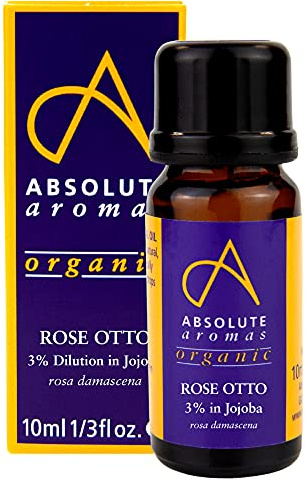 Absolute Aromas Organic Rose Otto Essential Oil 3% Dilution in Jojoba Oil (10ml) - Natural, Cruelty-Free and Vegan – for Aromatherapy, Diffusers, Candle Making and DIY Beauty Recipes