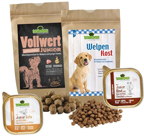 Schecker Hundefutter - Probierpaket für Welpen - 2 x Trockenfutter und 2 x Nassfutter zum Testen- 1kg - mit Huhn- Rind und Ente