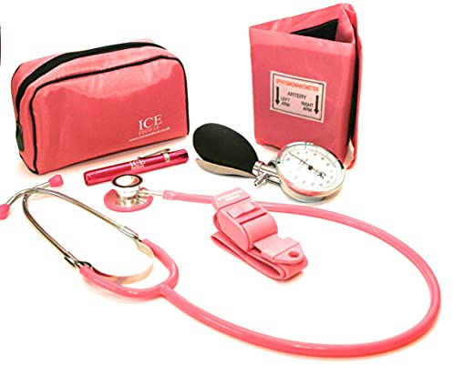 Pink Aneroid Blood Pressure Monitor Sphygmomanometer, Stethoscope, Pen Light (Pen Torch) and Tourniquet - GP Set