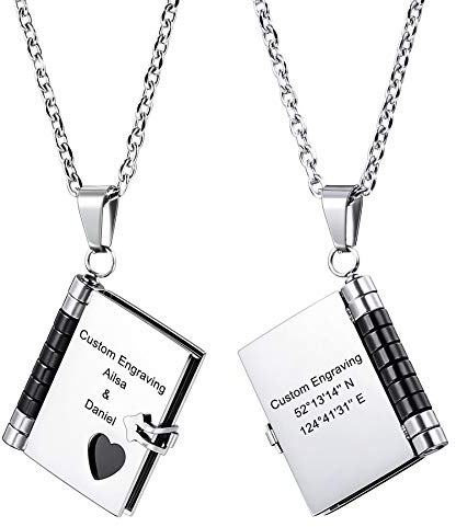MeMeDIY Personnalisé Pendentif Livre Collier Gravure Nom Date pour Femmes Hommes Fille Garçon Meilleur Ami en Acier Inoxydable Chaîne Réglable Anniversaire Demoiselle d'honneur Cadeau(Couleur Noire)