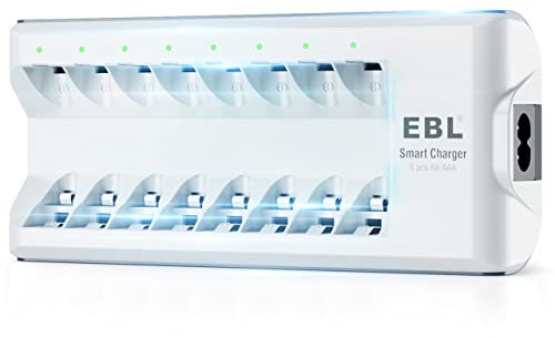 EBL Akku Ladegerät AA AAA Ladegerät für 1,2V Mignon AA, Micro AAA, NI-MH NI-Cd wiederaufladbar Batterien 8-Ladeplatz mit LED Anzeige, EBL C9042W