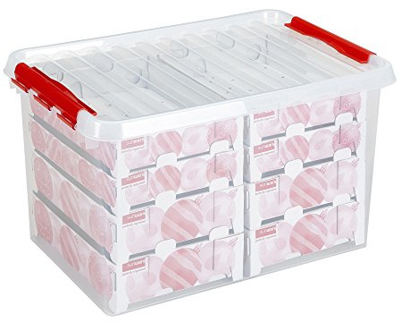 Sunware Q-Reihe Box für Weihnachtsdekoration mit Ablagen für 116 Kugeln, transparent/rot, Einheitsgröße