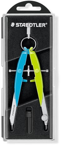 STAEDTLER Zirkel Mars Comfort, Geometriezirkel mit Spindelführung, Rundfederkopf und Mitteltriebspindel, präzise, Etui mit Klappdeckel und Minendose, neon blau-grün, 556 00-N1