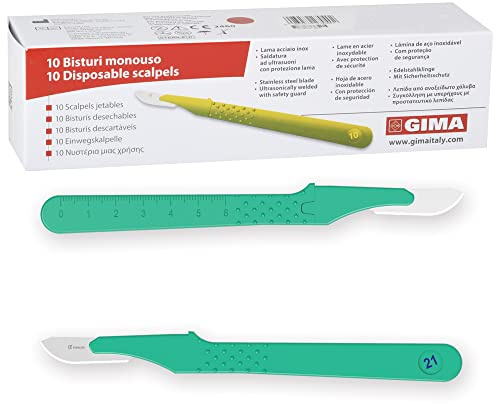 GIMA Bisturi in Acciaio Inox, Manico in ABS, Sterili e Monouso, Premium, Coprilama di Sicurezza, Misura n. 21, 10 Bisturi Singolarmente Confezionati