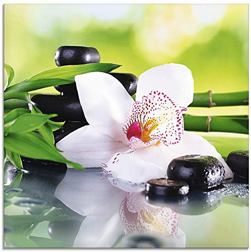 ARTland Wanddeko Glasbilder Wandbild Glas Bild einteilig 40x40 cm Quadratisch Asien Wellness Zen Spa Blumen Blüten Orchideen Pflanze Steine Bambus T9IQ