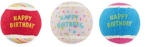 Rosewood Birthday Tennis Balls for Dogs – Pack of 3 Squeaky Fetch Toy Balls, Colourful Celebration-Themed Designs, Dog Birthday Gift, Indoor or Outdoor Active Play & Exercise