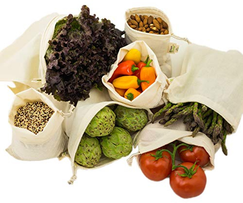 Simple Ecology Reusable Grocery Produce Shopping and Storage Bags, Organic Cotton Muslin, Set of 6 (2 ea. of L, M, S)