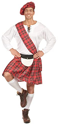 DEGUISE TOI - Déguisement écossais rouge et blanc homme - Kilt - Chemisier blanc - Bonnet - Echarpe - L - Rouge - Déguisements adultes - 100% Polyester - A la main -