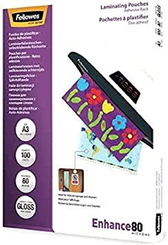 Fellowes Laminierfolie A3, 80 Mikron (2 x 80 mic), Heißlaminierfolien mit selbstklebender Rückseite für Aushänge und Hinweisschilder, 100 Stück