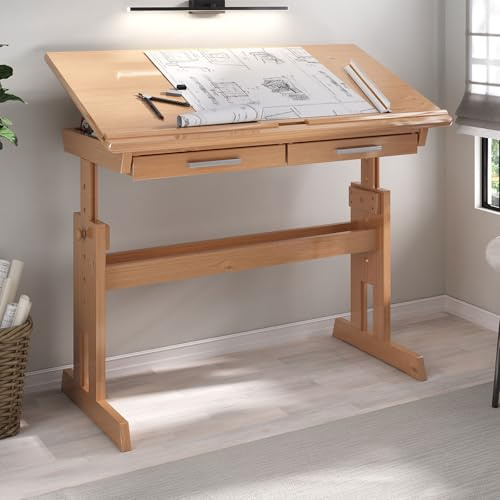 IDIMEX Bureau Enfant écolier Junior Olivia Table à Dessin réglable en Hauteur et pupitre inclinable avec 2 tiroirs, Bureau évolutif en pin Massif lasuré Couleur hêtre
