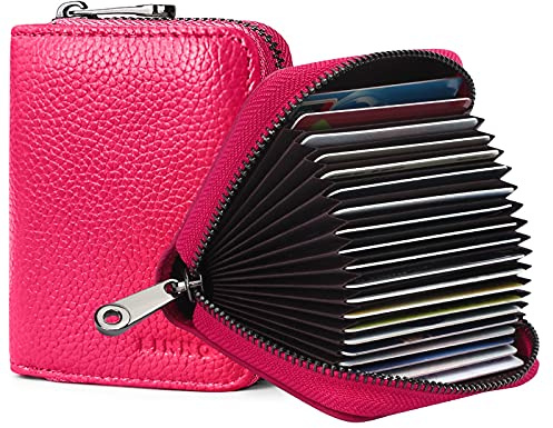 Goopai RFID 20 Card Slots Credit Card Holder Genuine Leather Accordion Card Case Small Wallet for Women or Men with Zipper (Rose red)
