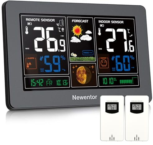Newentor Wetterstation Funk mit Außensensor - Funkwetterstation mit Wettervorhersage, Temperaturwarnung, DCF Funkuhr - Batteriebetrieb und Netzbetrieb, Schwarz, 2 Außensensoren