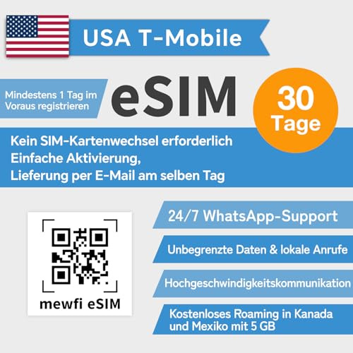 USA eSIM (USA, Mexiko, Kanada universal), 30 Tage unbegrenzte Internet-Daten, T-Mobile SIM, unbegrenzte Geschwindigkeit US Prepaid-Karte, unbegrenzte Ortsgespräche und lokale Texte. (30 Tage)